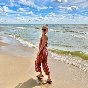 American Eagle Outfitters Striped Jumpsuit - Brown and Pink and Orange